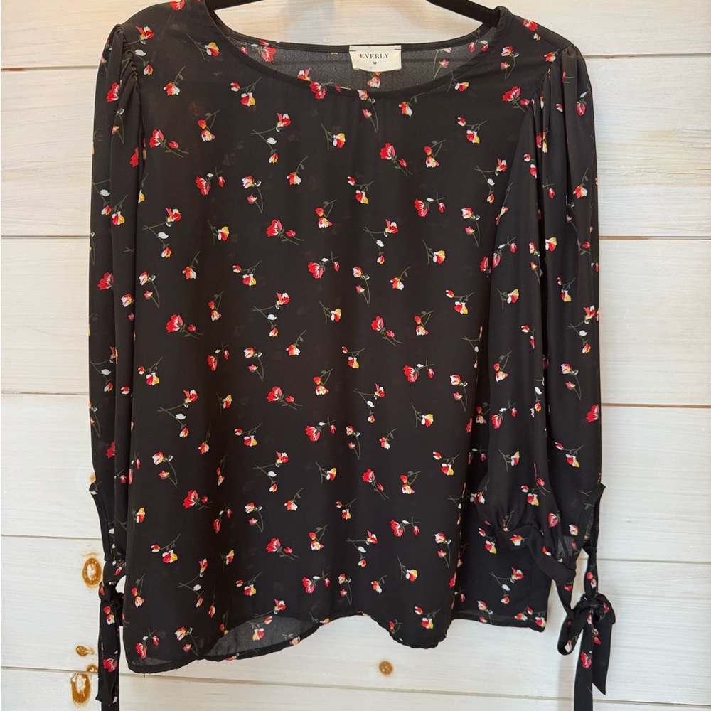 Everly Black Blouse with Red Floral Pattern